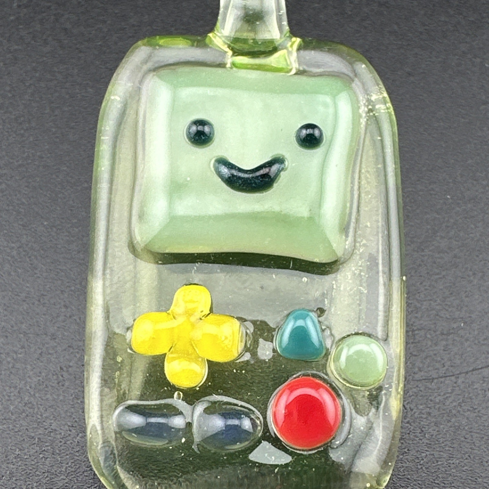Handmade Uranium Glass Art Video Game BMO Pendant UV Reactive Green UG Boro Ion