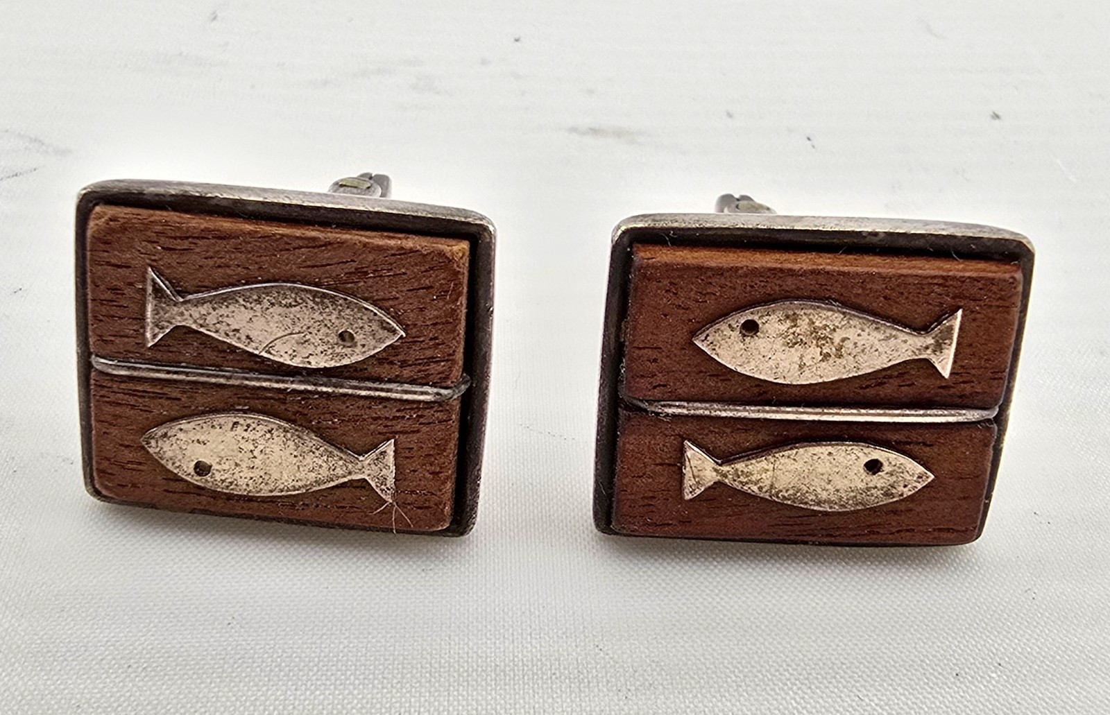 Vintage Hawaiian MCM Sterling Silver & Wood Fish Motif Cufflinks Made in HAWAII