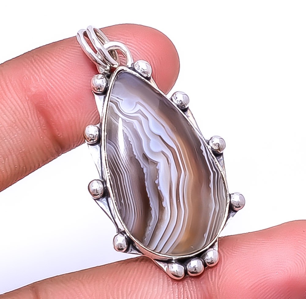 Banded Agate 925 Sterling Silver Jewelry Pendant 1.72″ P764953, Christmas Gift