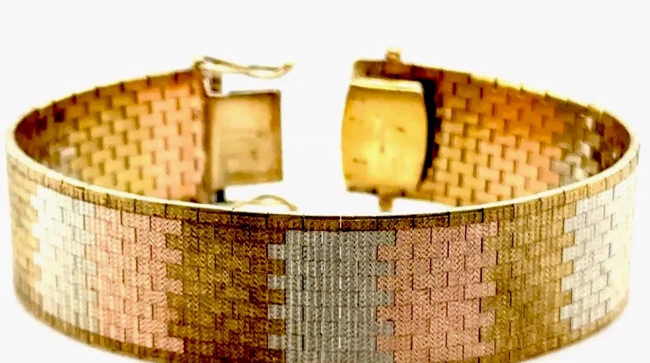 Italian Vintage Basket Weave Mesh Multi Color Bracelet 43.3 G Solid Gold 14k