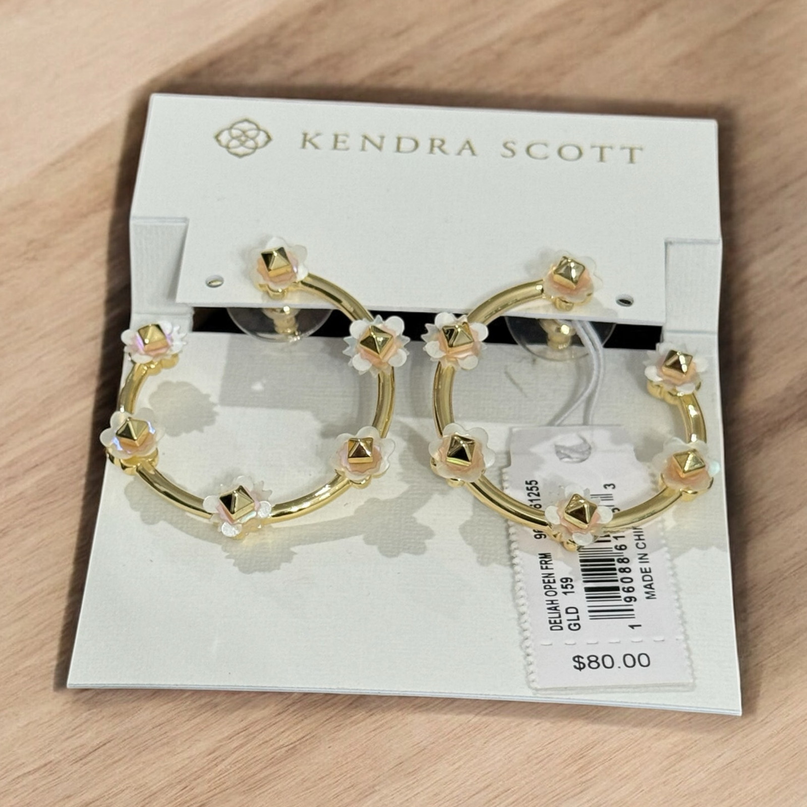 NWT! Kendra Scott Deliah Gold Open Frame Hoops in Iridescent White Mix