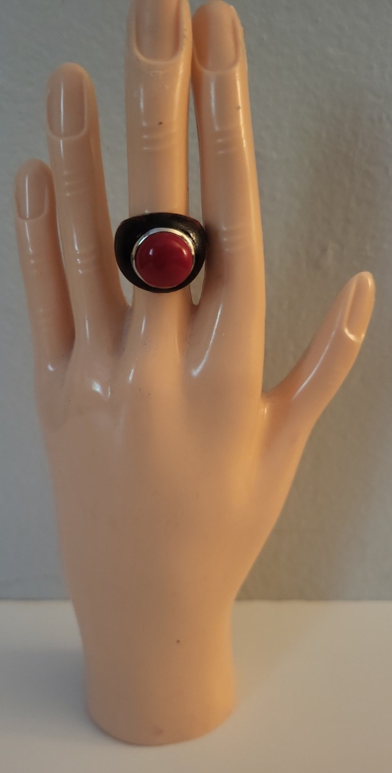 Vintage Lanvin Paris Red Enamel Round Stone Silver & Black Tone Ring Size 6