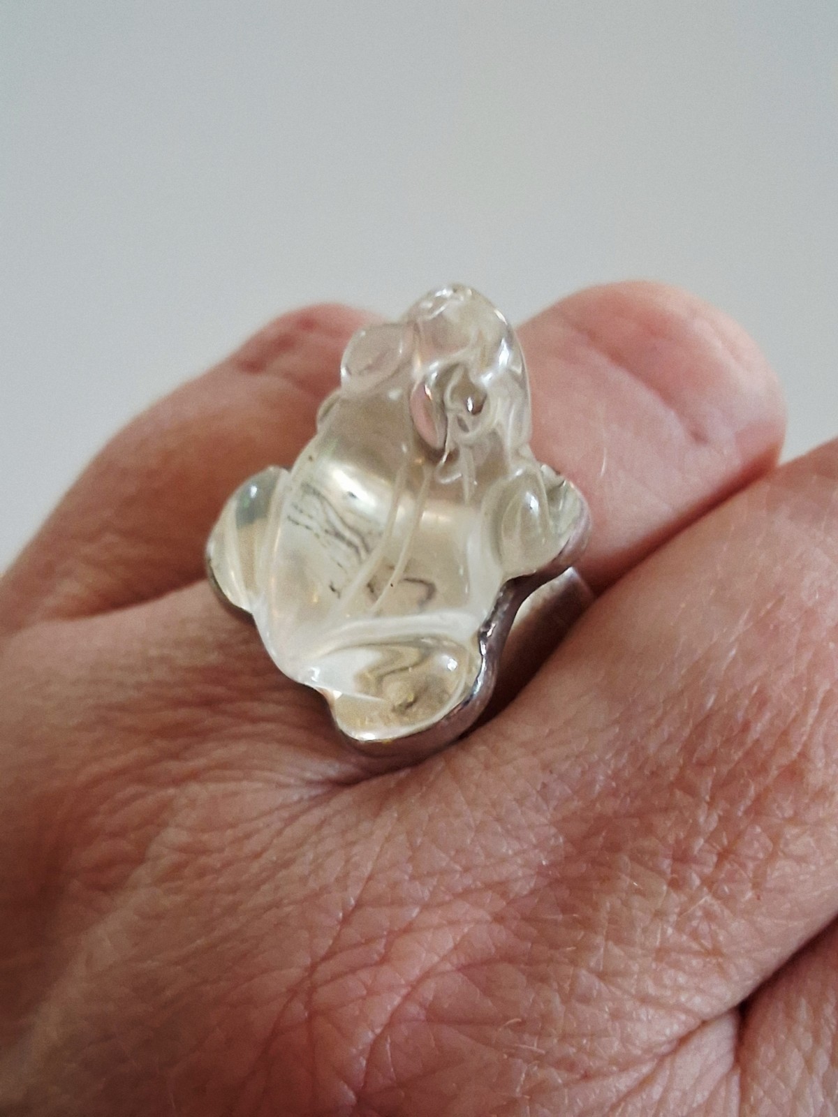 Hand Carved Rock Crystal Quartz Frog Statement Ring Size 10 Sterling Silver NIB
