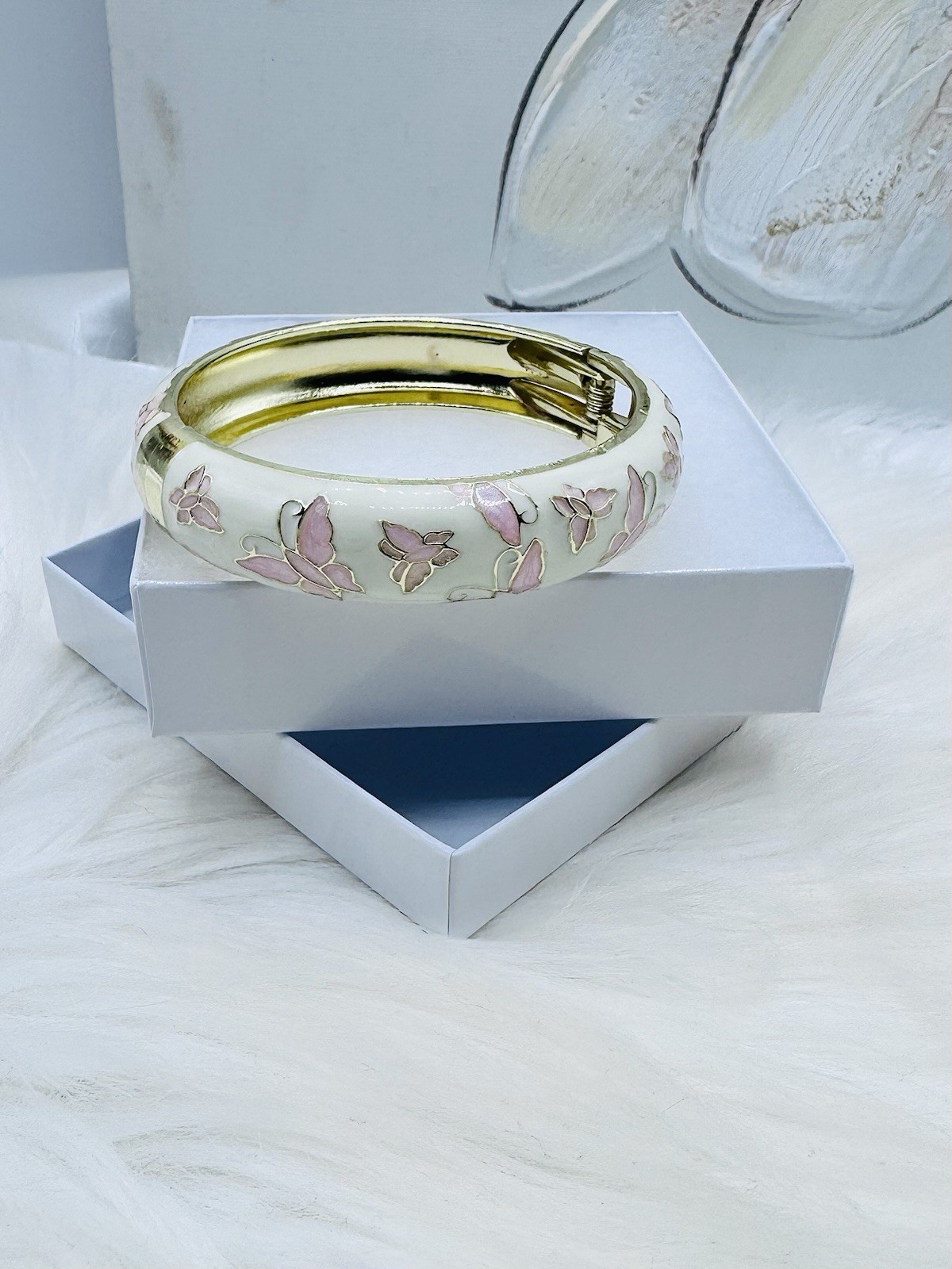 Pink & White Butterfly Enamel Hinged Bangle Bracelet Gold Tone