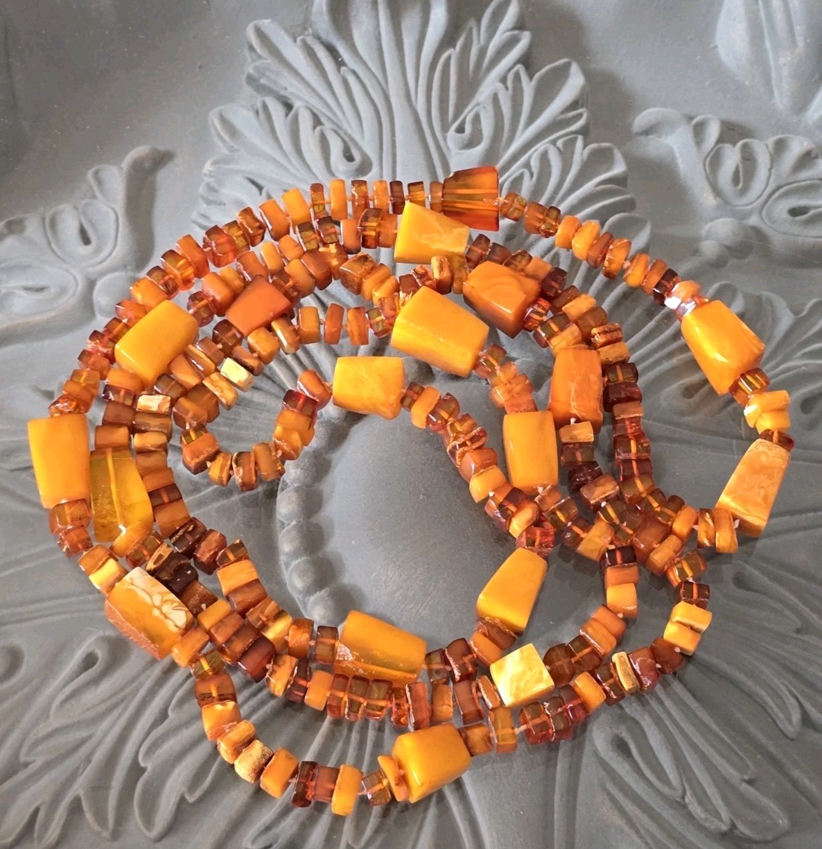 VTG GENUINE BALTIC EGG YOLK & HONEY AMBER BEADED NECKLACE 152 Grams☆ART DECO☆70″