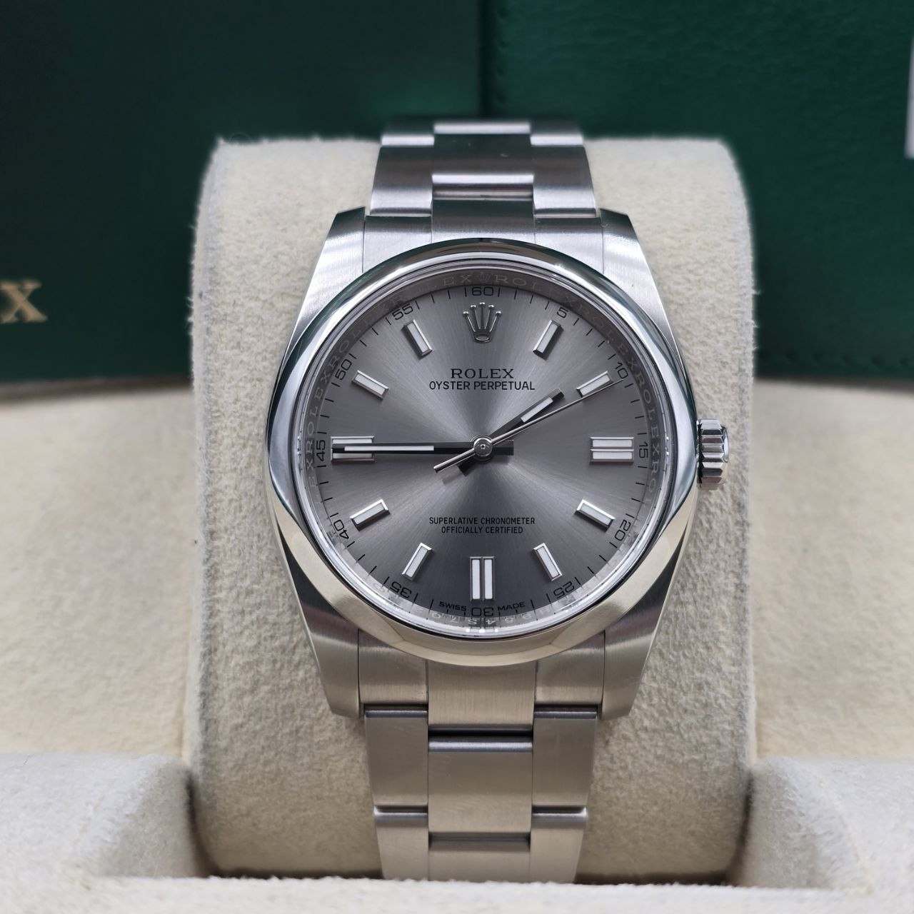 2019 PAPERS Rolex Oyster Perpetual Silver Stick Dial Steel 36mm 116000 BOX