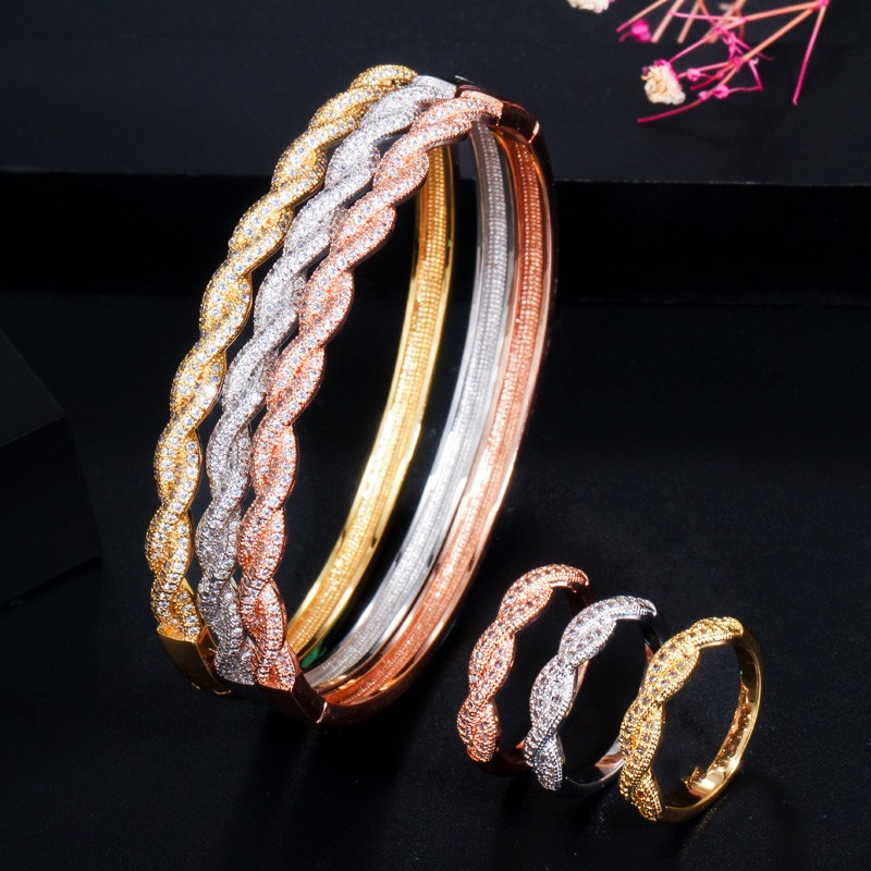 Silver Plated CZ Micro Paved Twisted Bangle Bracelet and Ring Bridal Jewelry Set