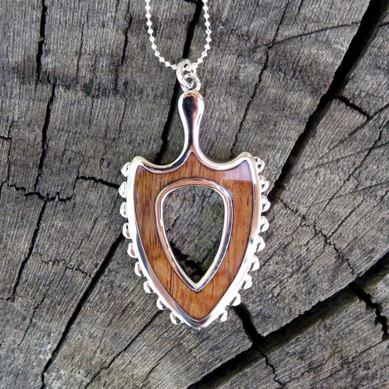Koa Wood Hawaii Jewelry Shark Teeth Weapon Rhodium Plated Brass Pendant BRP1136