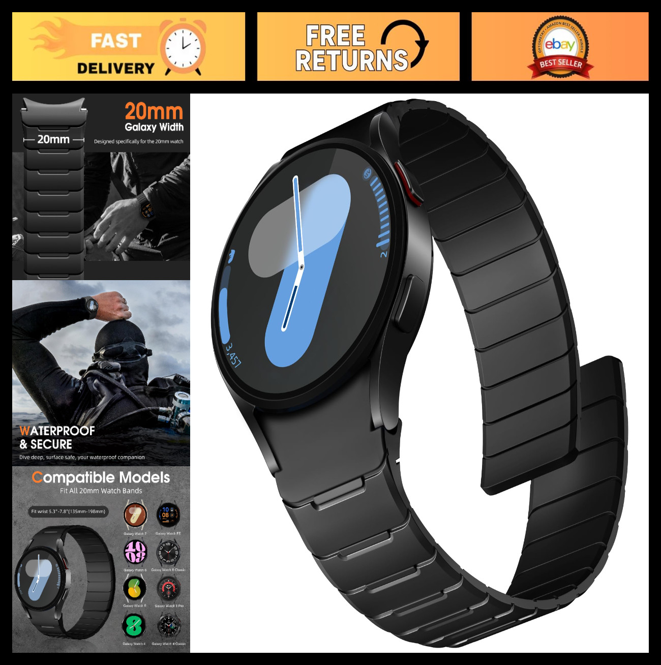 Magnetic Silicone Bands for Samsung Galaxy Watch 7, 6, 5, 4, 3 – No Gap Sport St