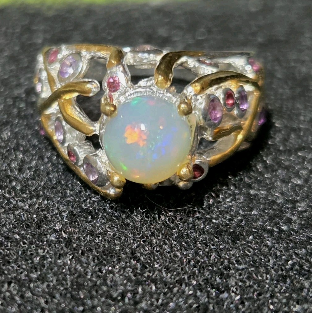Unique Natural Ethiopian Opal 925 Sterling Silver Ring Jewelry Size 7 2359