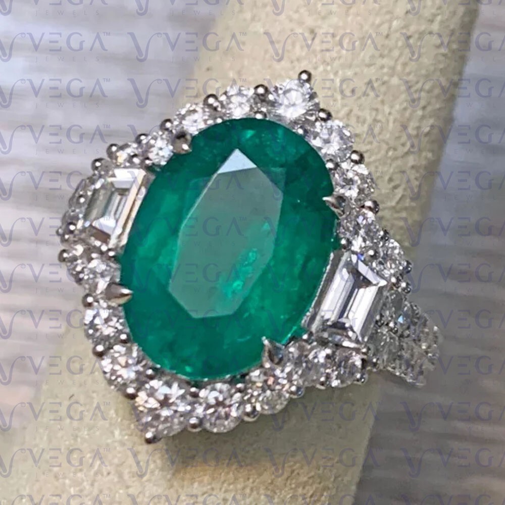 7.90ct Oval Cut Natural Emerald & Diamond Engagement Ring 18K White Gold Plated
