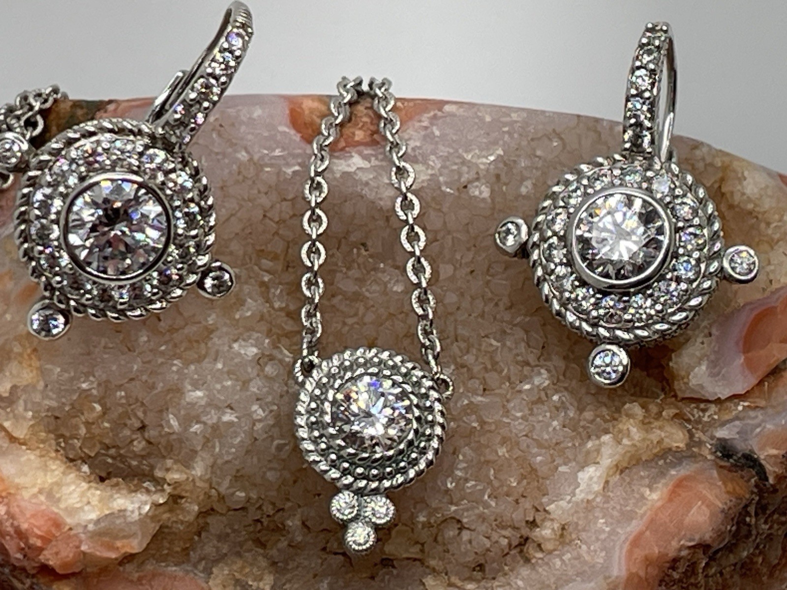 JUDITH RIPKA 925 Sterling Silver C Z Station Chain Pendant Necklace & Earrings
