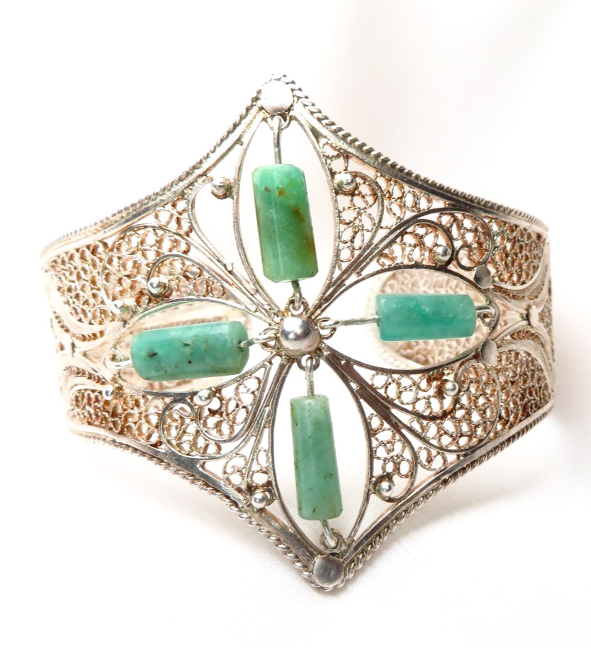 Colombian Emerald Filigree Bracelet 10.20 Cts 4 Tubular set in Silver Muzo