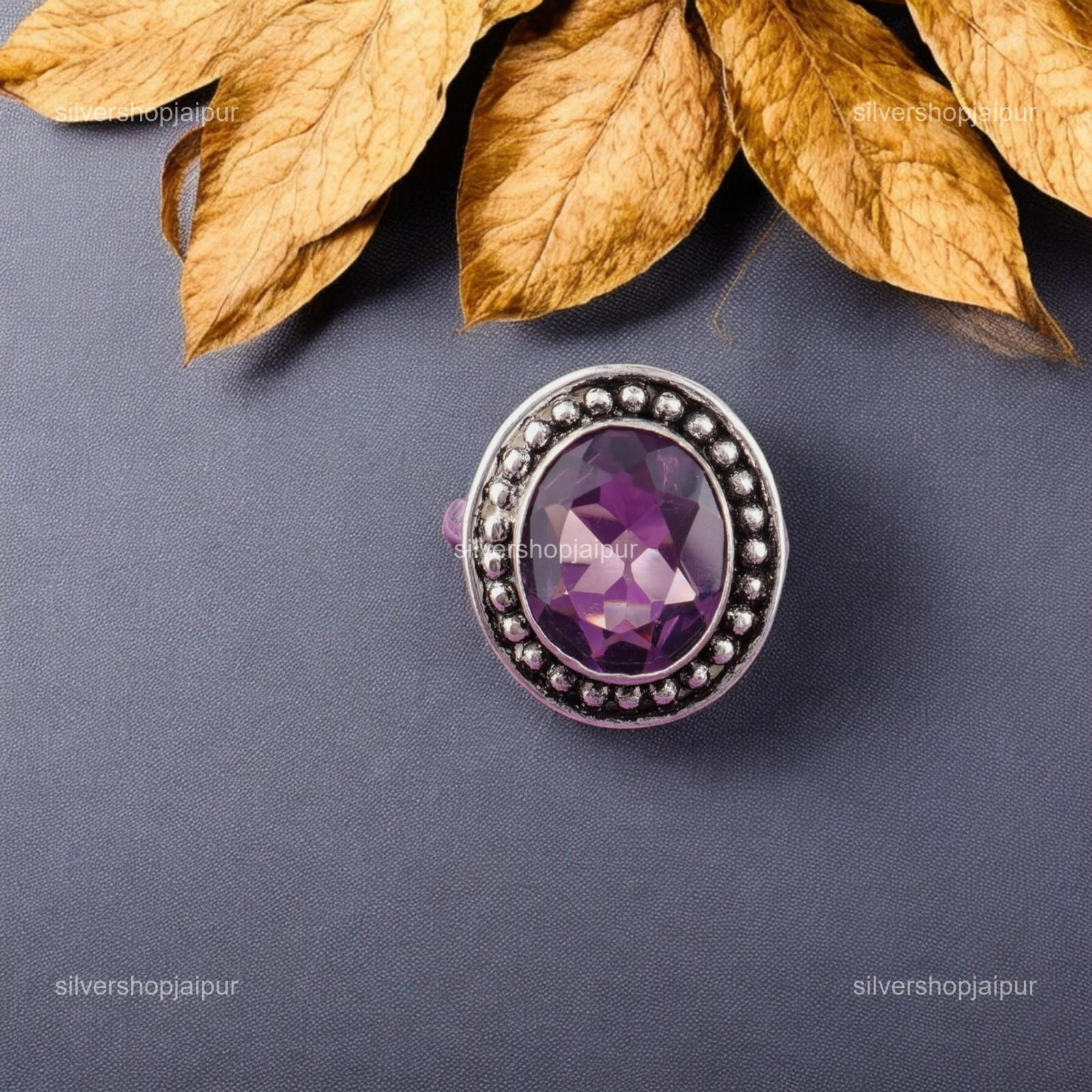 925 Solid Silver Crown Chakra Oval Cut Natural Amethyst Cocktail Engagement Ring