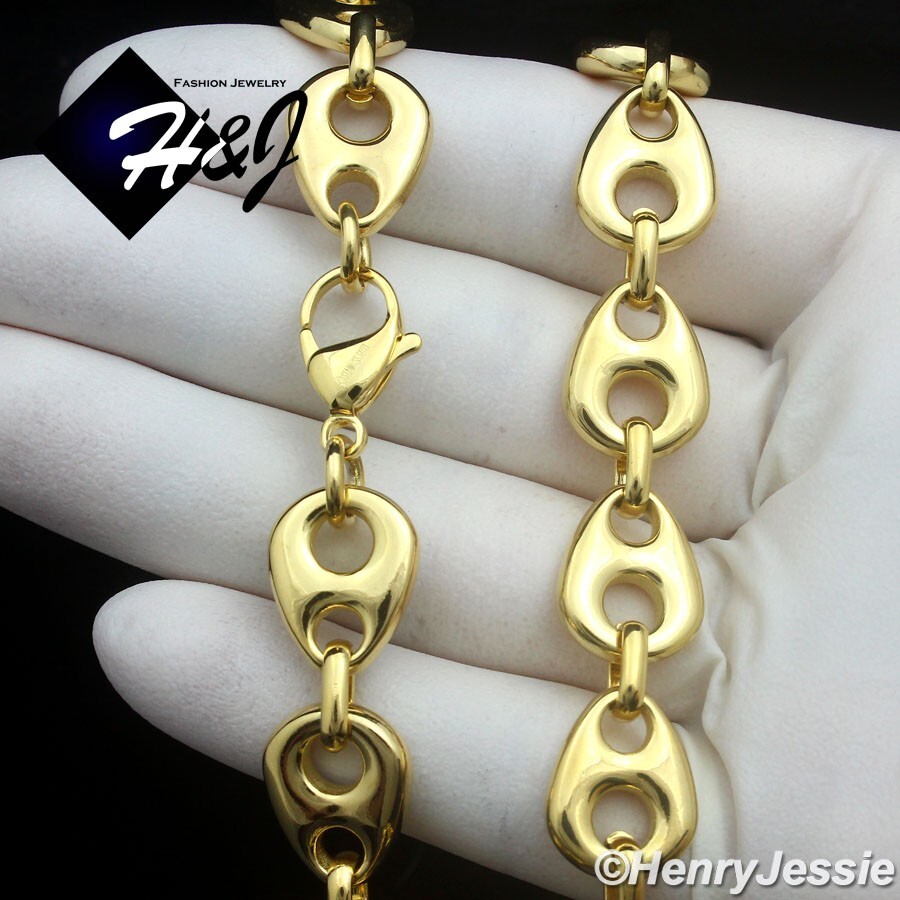 18″-40″MEN Stainless Steel 12mm Gold Plated Puffed Mariner Chain Necklace*GN170