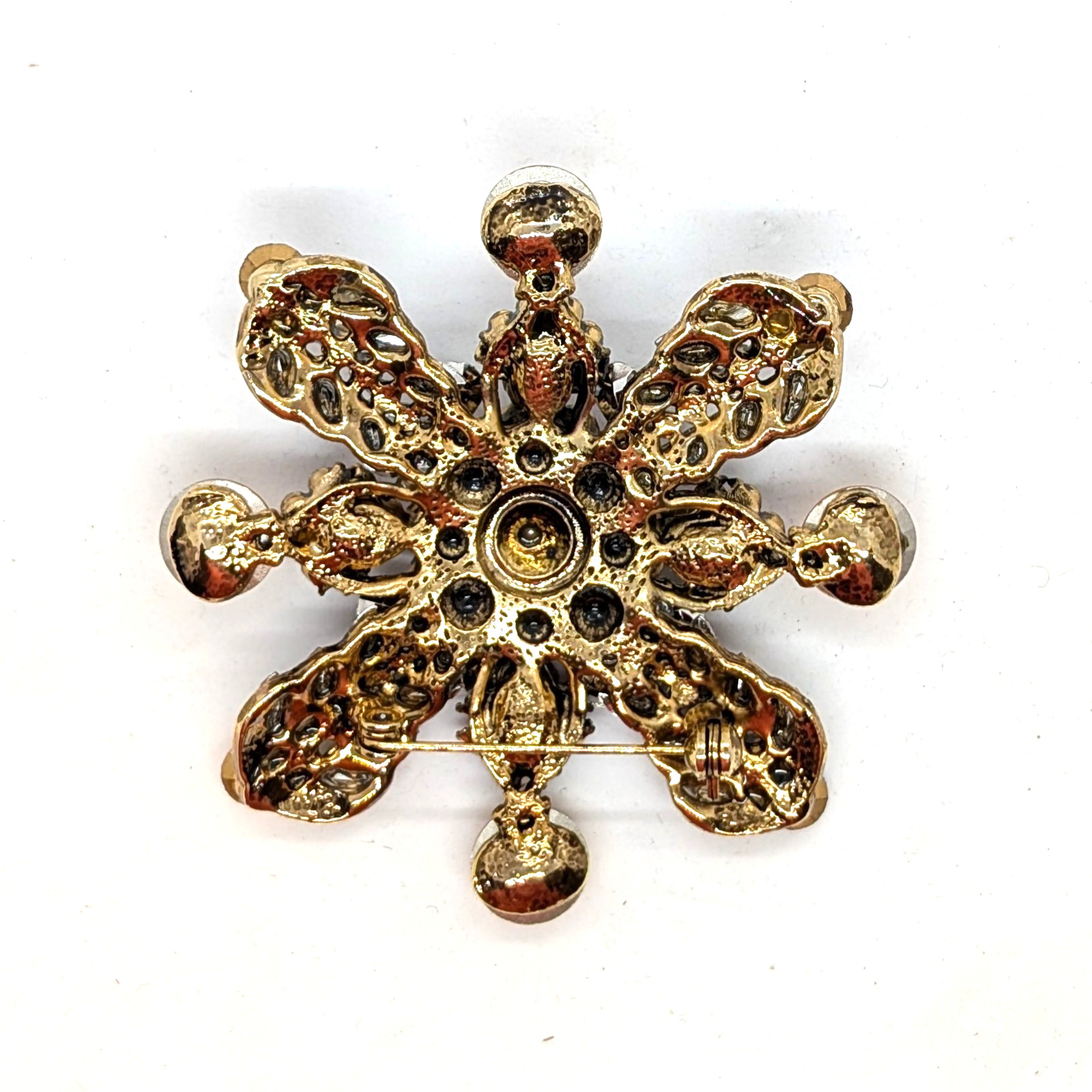 Vintage Floral Flower Rhinestone Brooch Pin Orange Brown Iridescent 2.75″ Autumn