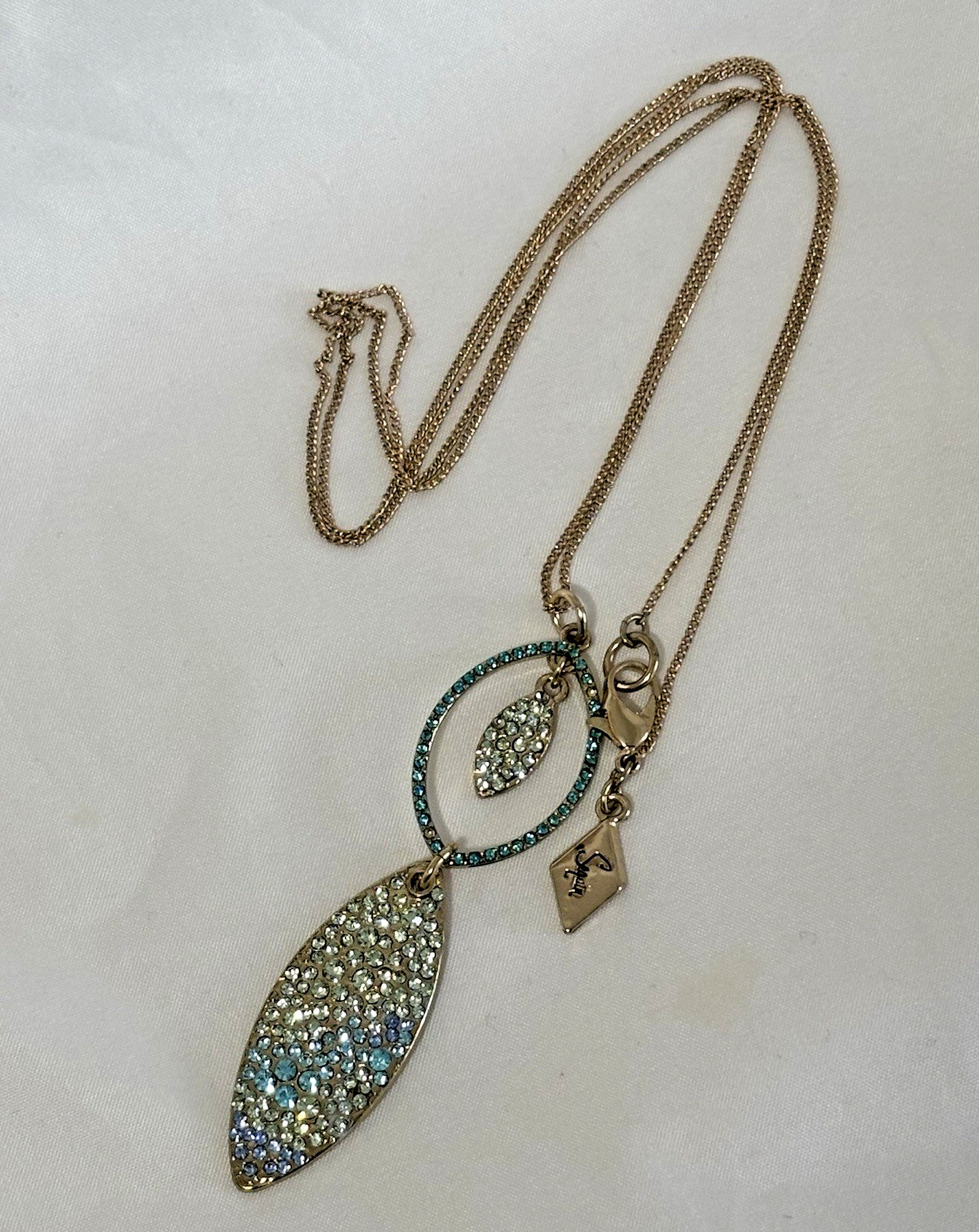 “Sequin” Blue Rainbow Crystal Pave Oval Double Drop pendant Necklace 32″