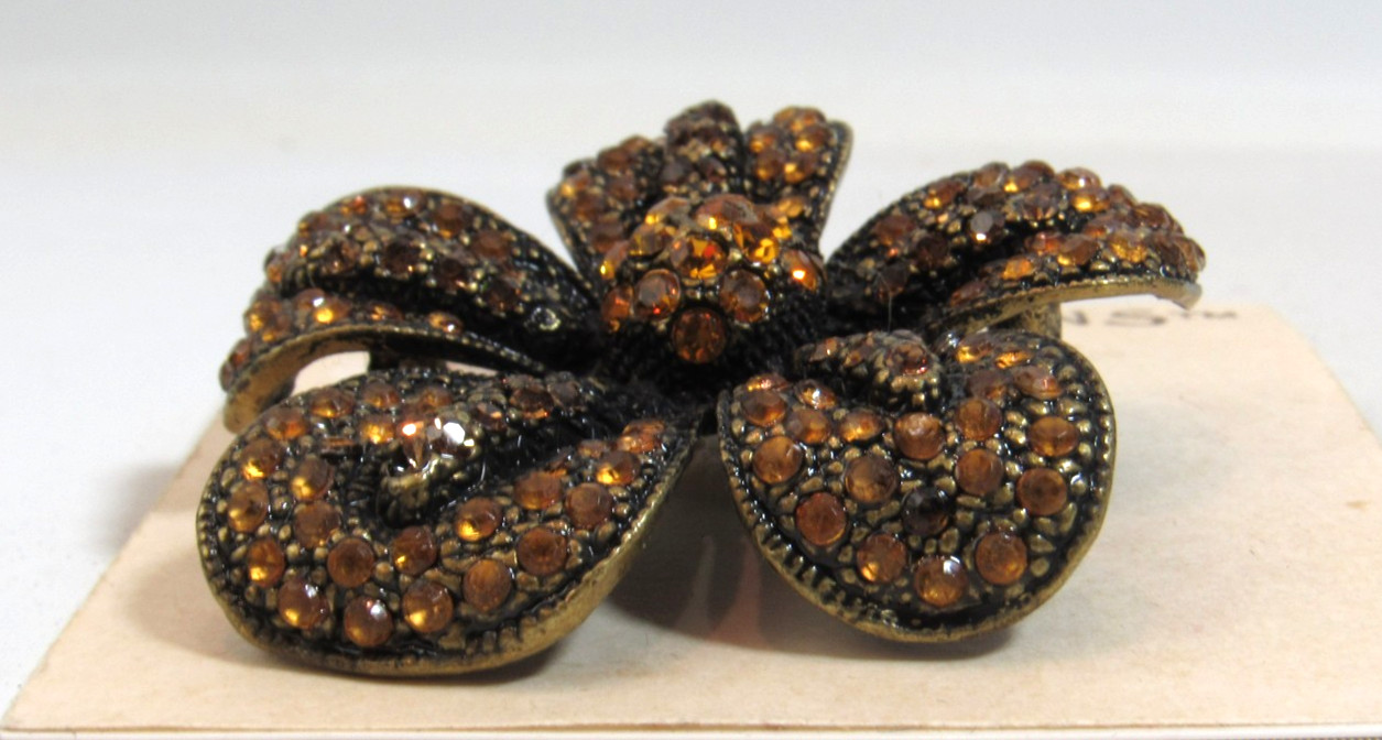 Vintage Erica Lyons Amber Rhinestone on Black Flower Brooch Pin