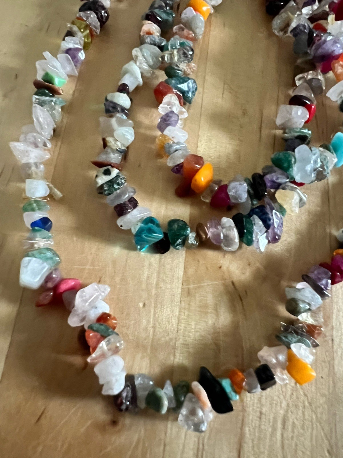 VIBRANT MULTI-COLORED IRREGULAR CHIP-SHAPED NATURAL GEMSTONE BEAD NECKLACE 34”