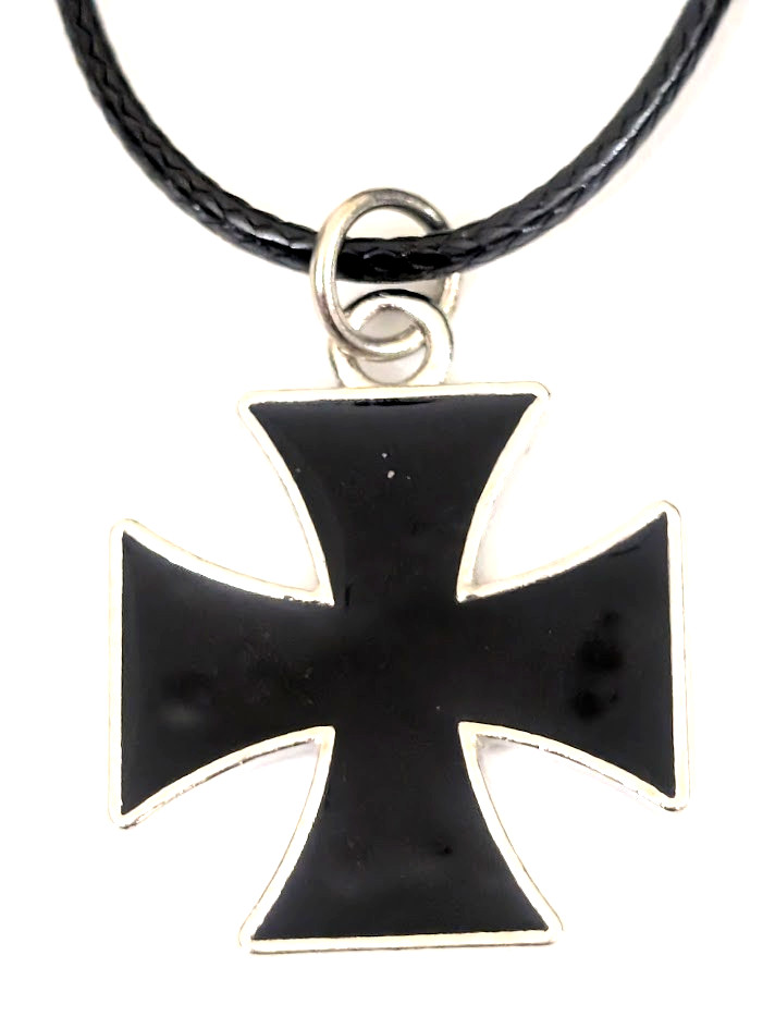 New MALTESE CROSS IRON CROSS BLACK INLAY PEWTER PENDANT CORD NECKLACE