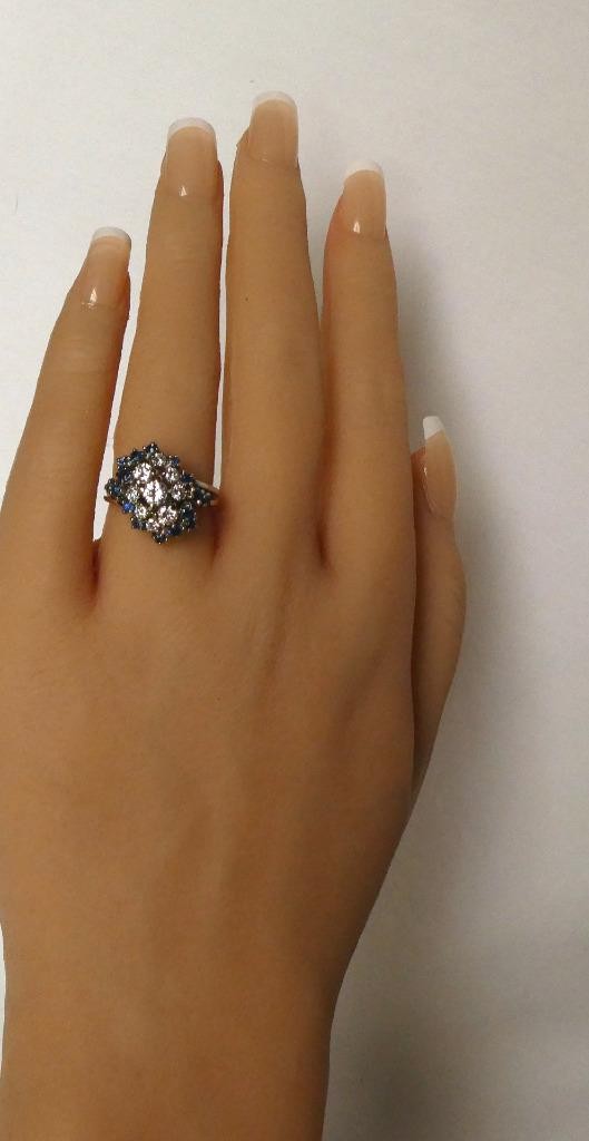 Vintage 14k White Gold 1.50 ctw Diamond Sapphire Waterfall Cluster Cocktail Ring