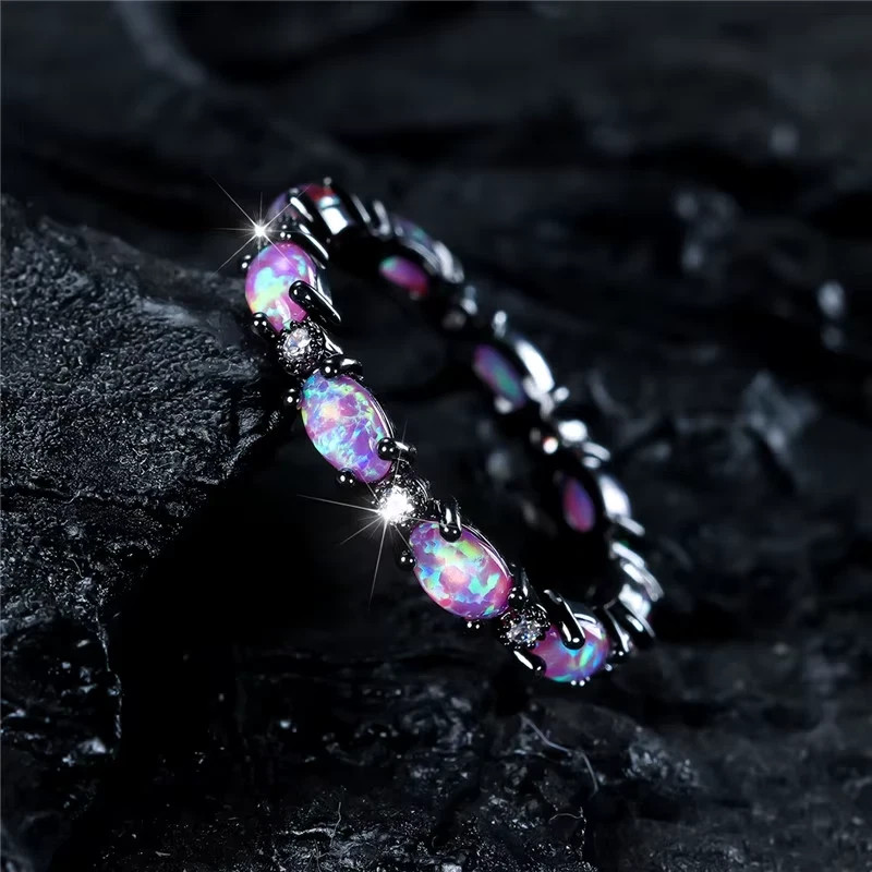 Silver Rose Gold Black Promise Engagement Wedding Opal CZ Zirconia Band Ring R70