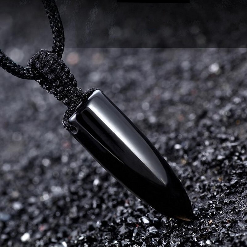 Natural Black Obsidian Bullet Point Pendant Necklace Healing Crystal Amulet