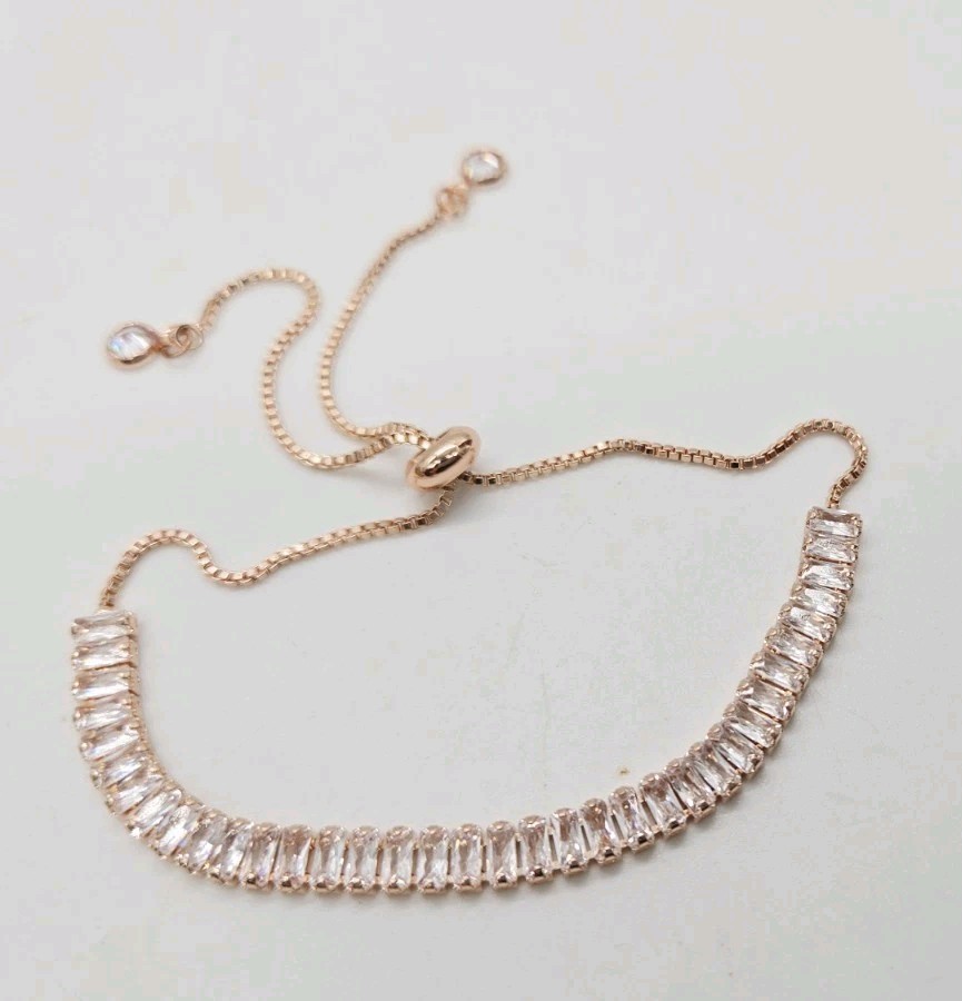 Tennis Bracelet Crystal Rhinestone Baguette Rose Gold Tone Drawstring Closure