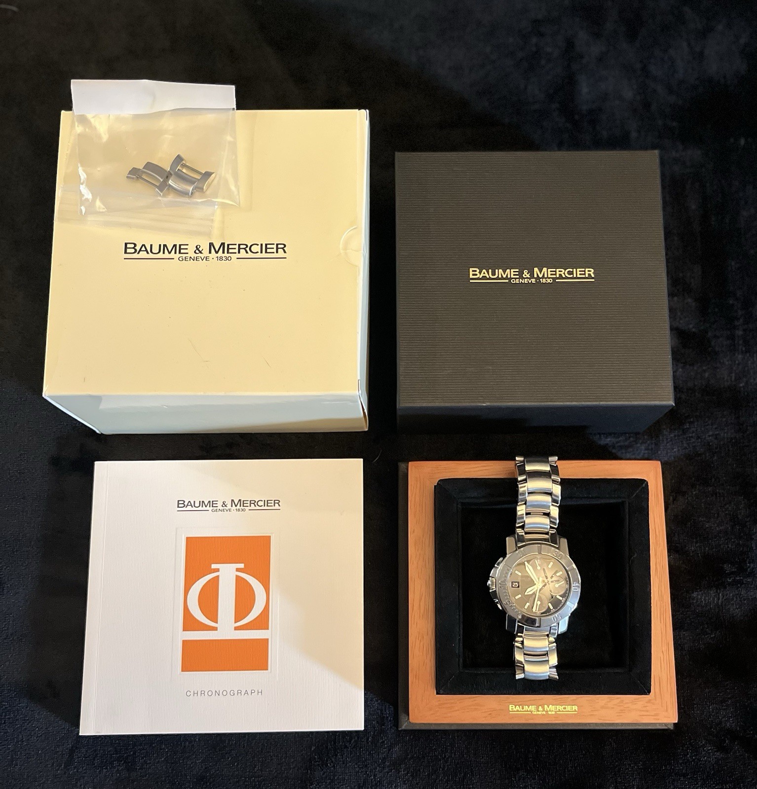 Baume & Mercier CapelandAutomatic Chronograph Black Dial 200m Steel Bracelet Box