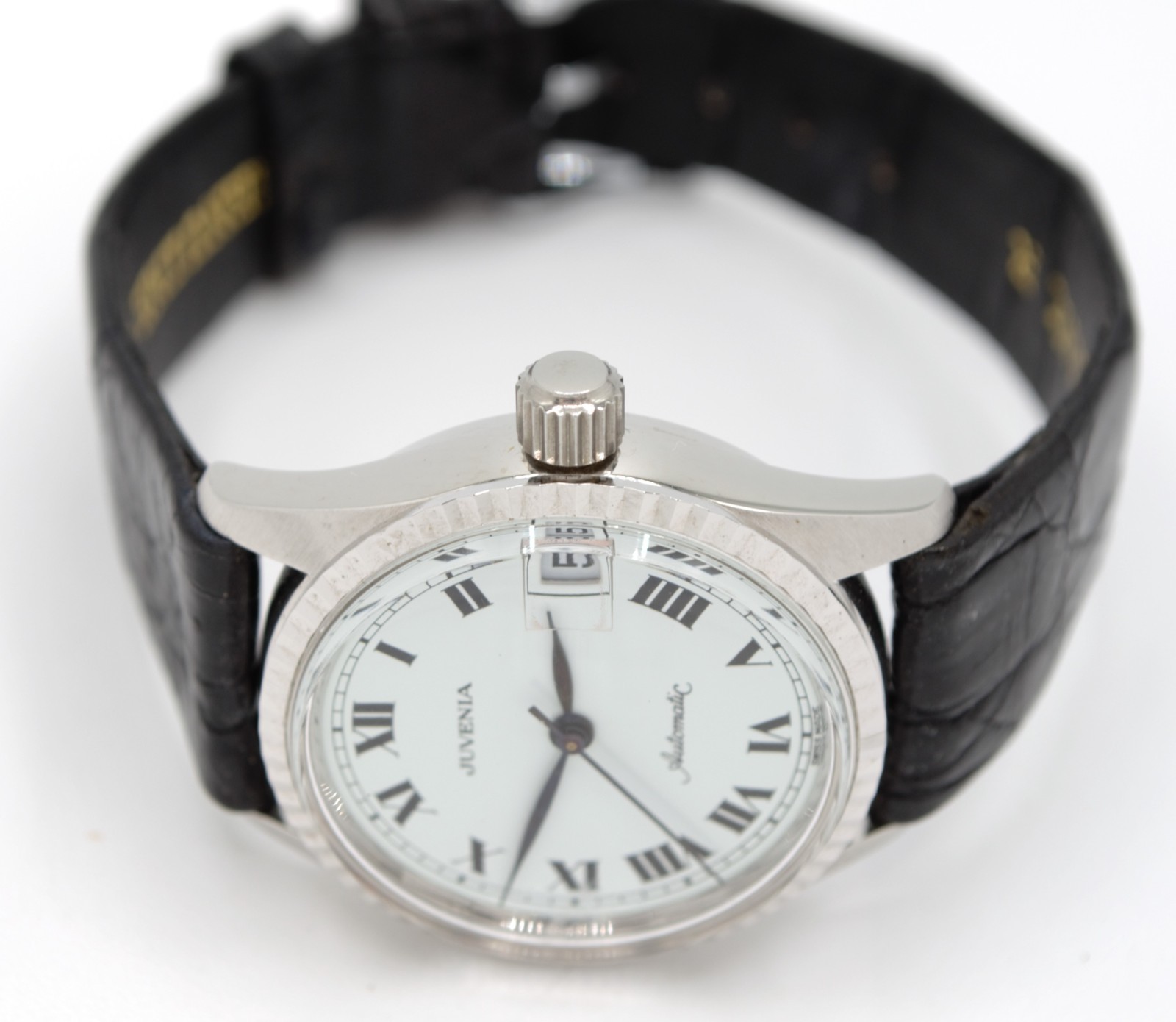 Vintage 1990s Juvenia Automatic Fluted Bezel Steel Swiss Watch