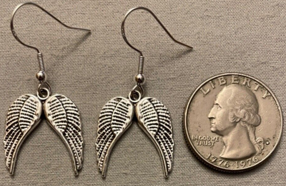 DOUBLE WINGS EARRINGS – Pewter with Sterling Silver Ear Wires BIRD ANGEL ICARUS