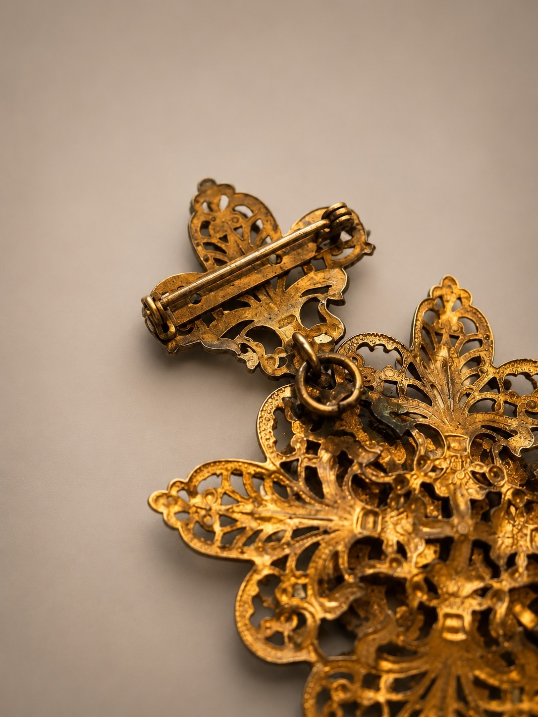 Gold Tone Filigree Brooch Pin, Oval Gray Stone, Asymmetrical Art Floral