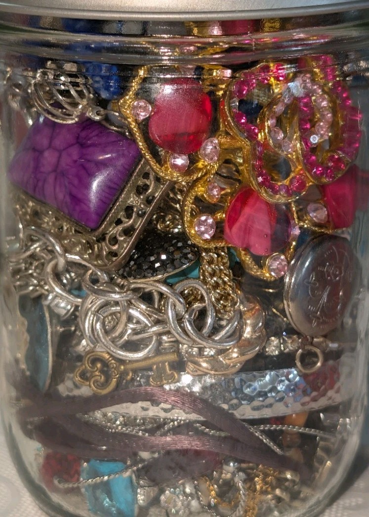 Curated Mystery Jewelry Jar Of Pre Loved Wearable Pieces 1960s-Now, W/Sterling