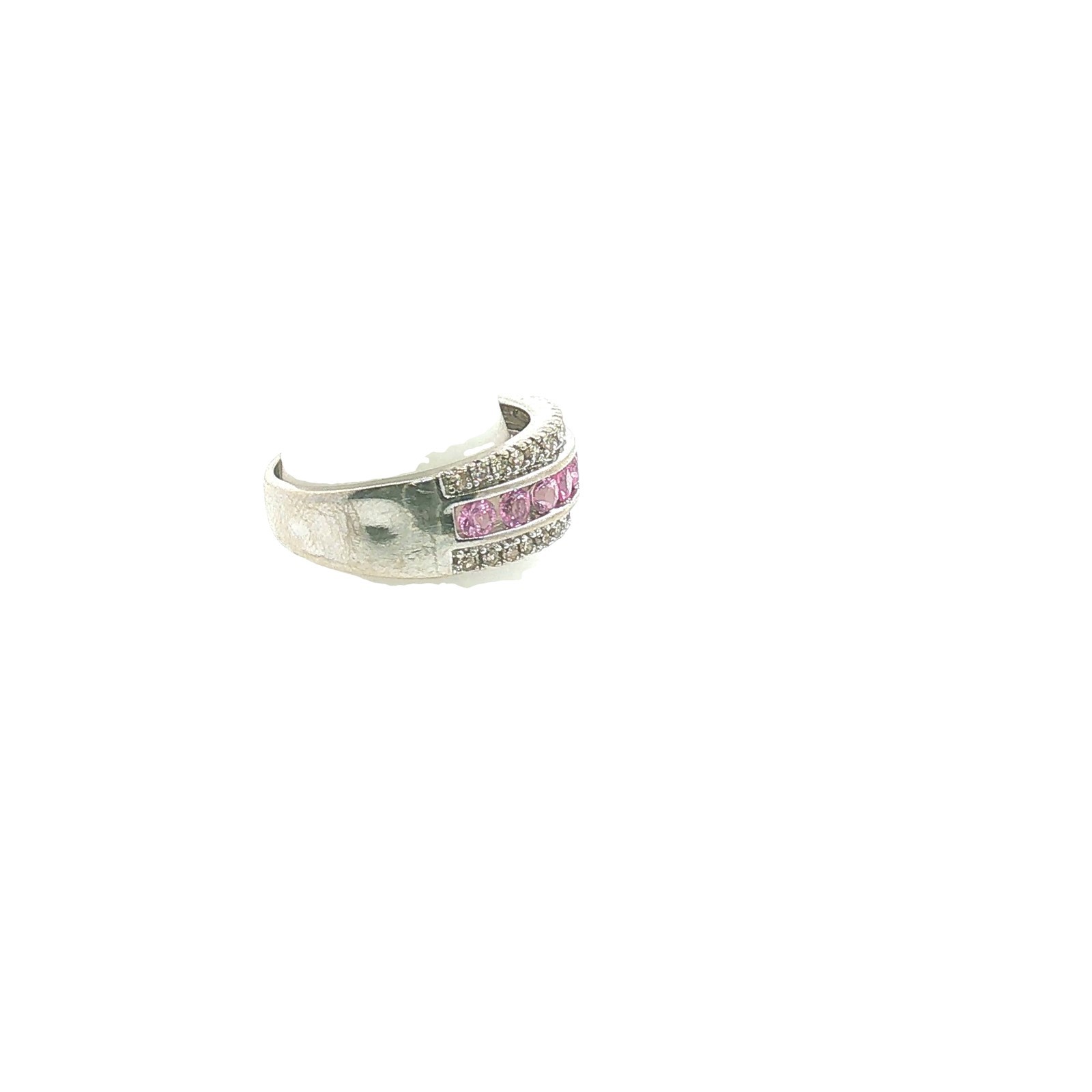 Vintage 14K White Gold Pink Sapphire & Single Cut Diamond Band Sz 6