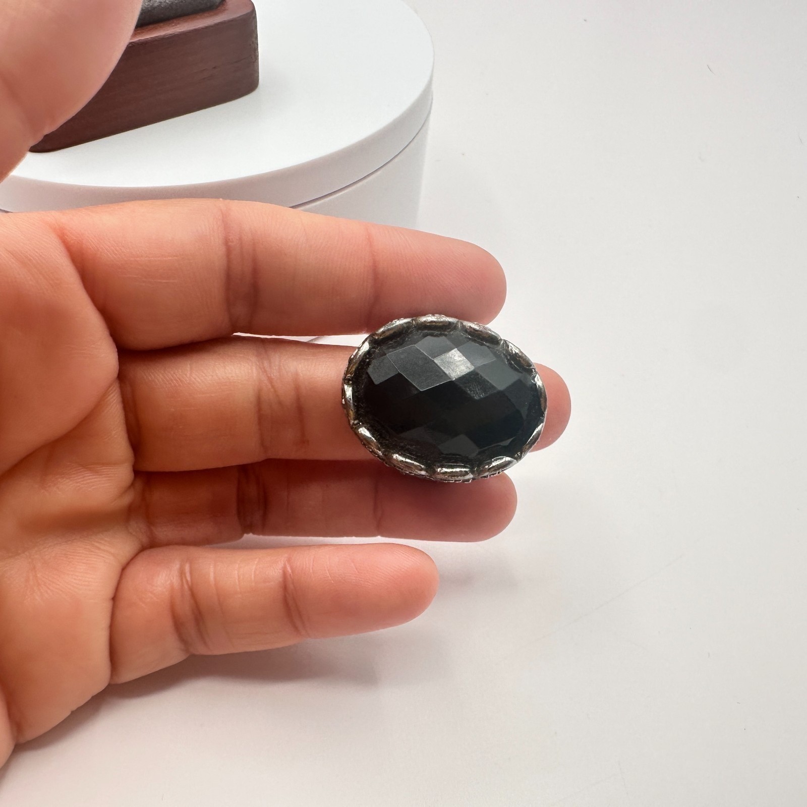 Vintage 80s Silver Tone Black Onyx Statement Ring Oval Faceted Gemstone Jewelry