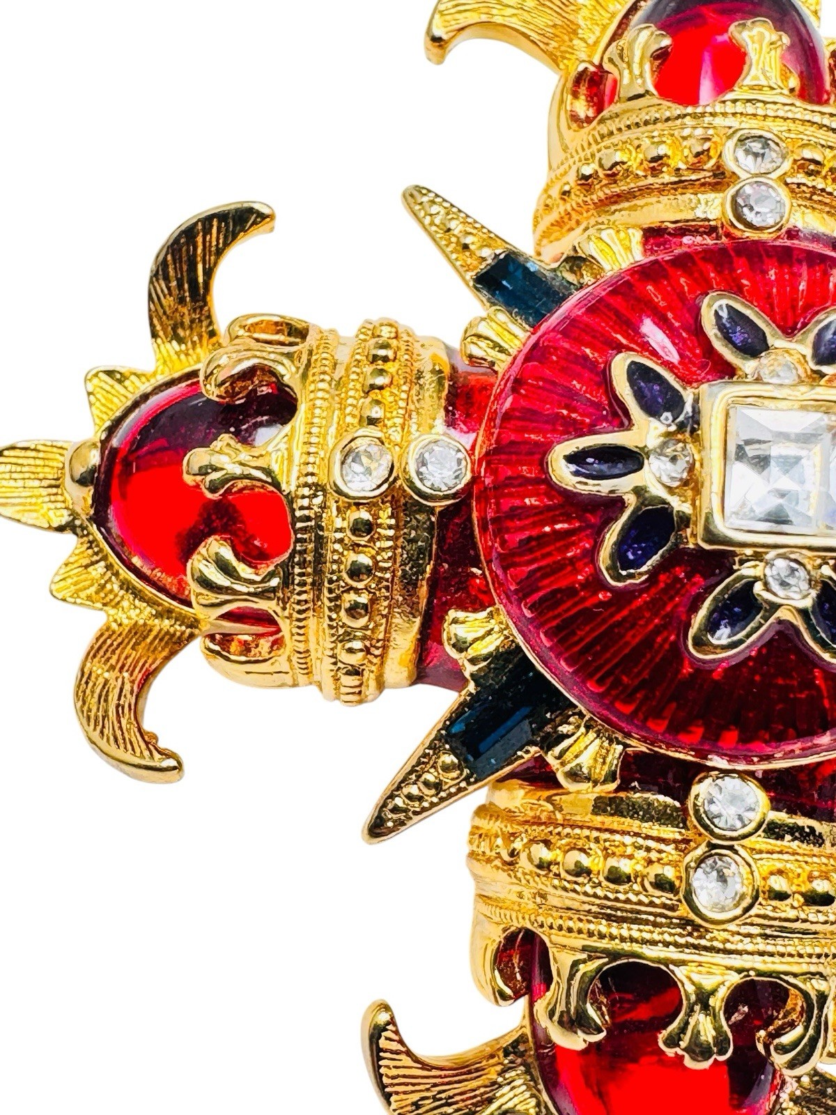 Vintage RJ Graziano Maltese Cross Red Enamel Brooch Pin Gold Tone Blue Baguettes