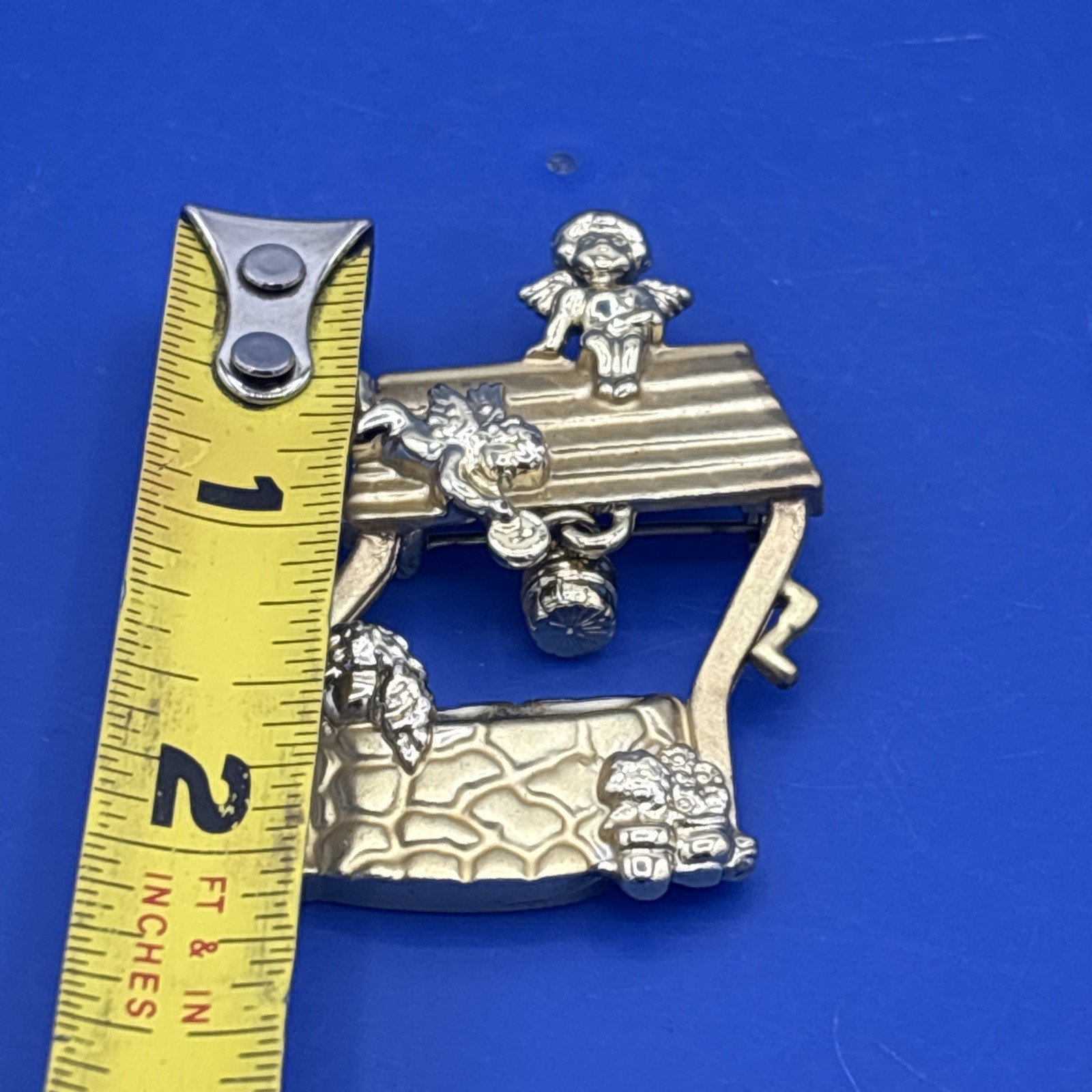 AJC Wishing Well Angel Brooch Pin Vintage Figural Cherubs Gold Tone 2” Love Luck