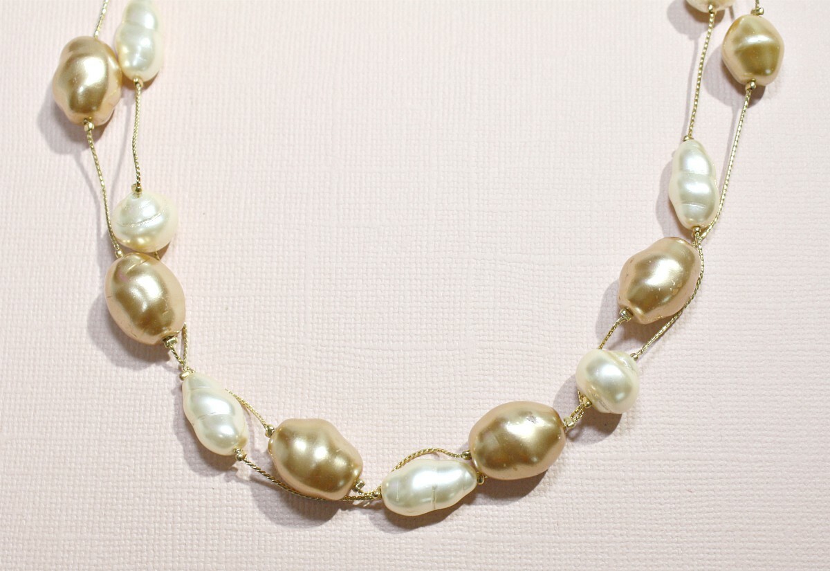 DABBY REID Signed 2 Strand Necklace Golden Chains Cream Beige Faux Pearl Beads