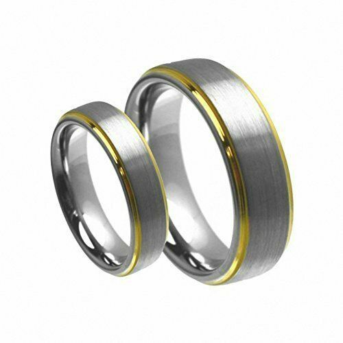 His & Her’s 8MM/6MM Tungsten Carbide Gold Step Edge Brush Wedding Band Ring set