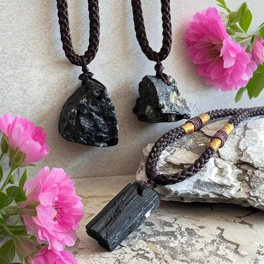 Natural Raw Black Tourmaline Stone Irregular Healing Crystal Pendant Necklace