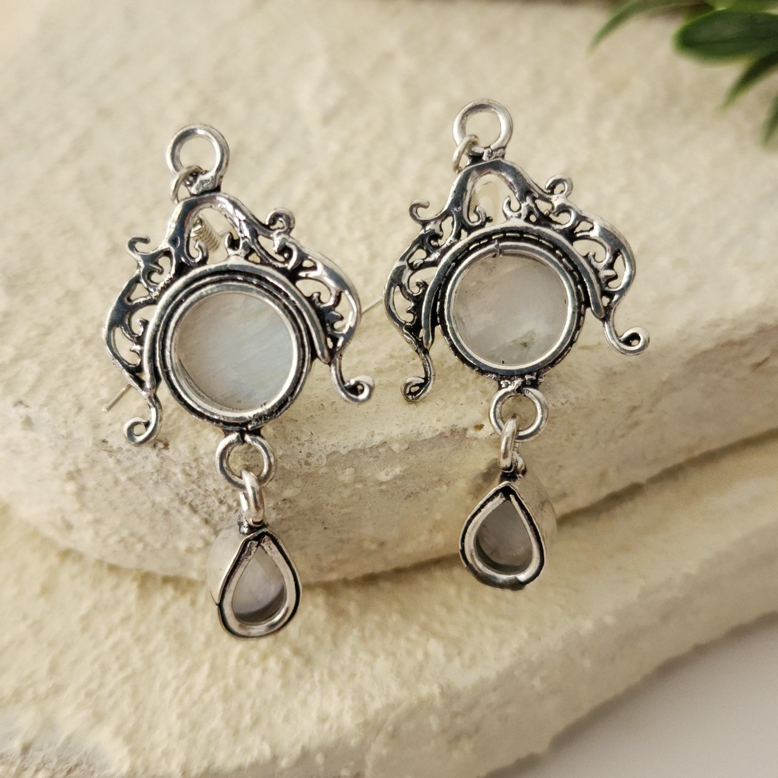 925 Overlay 12.2mm Rainbow Moonstone 2″ Drop Earrings