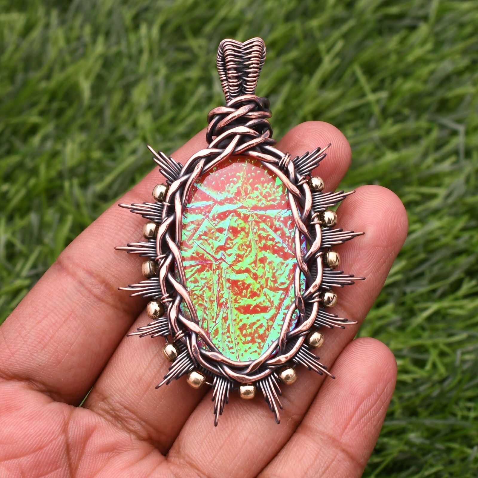 Triplet Fire Opal Gemstone Copper Wire Wrap Handmade Jewelry Pendant 2.28″