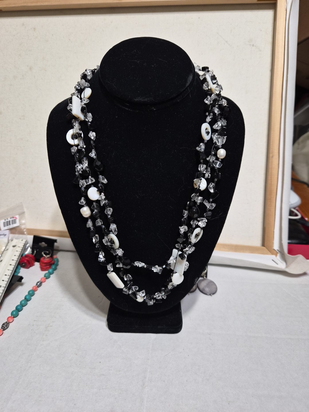 Super Long 72 Inch Necklace Black And White Onyx Shell Quartz With Earrings Set