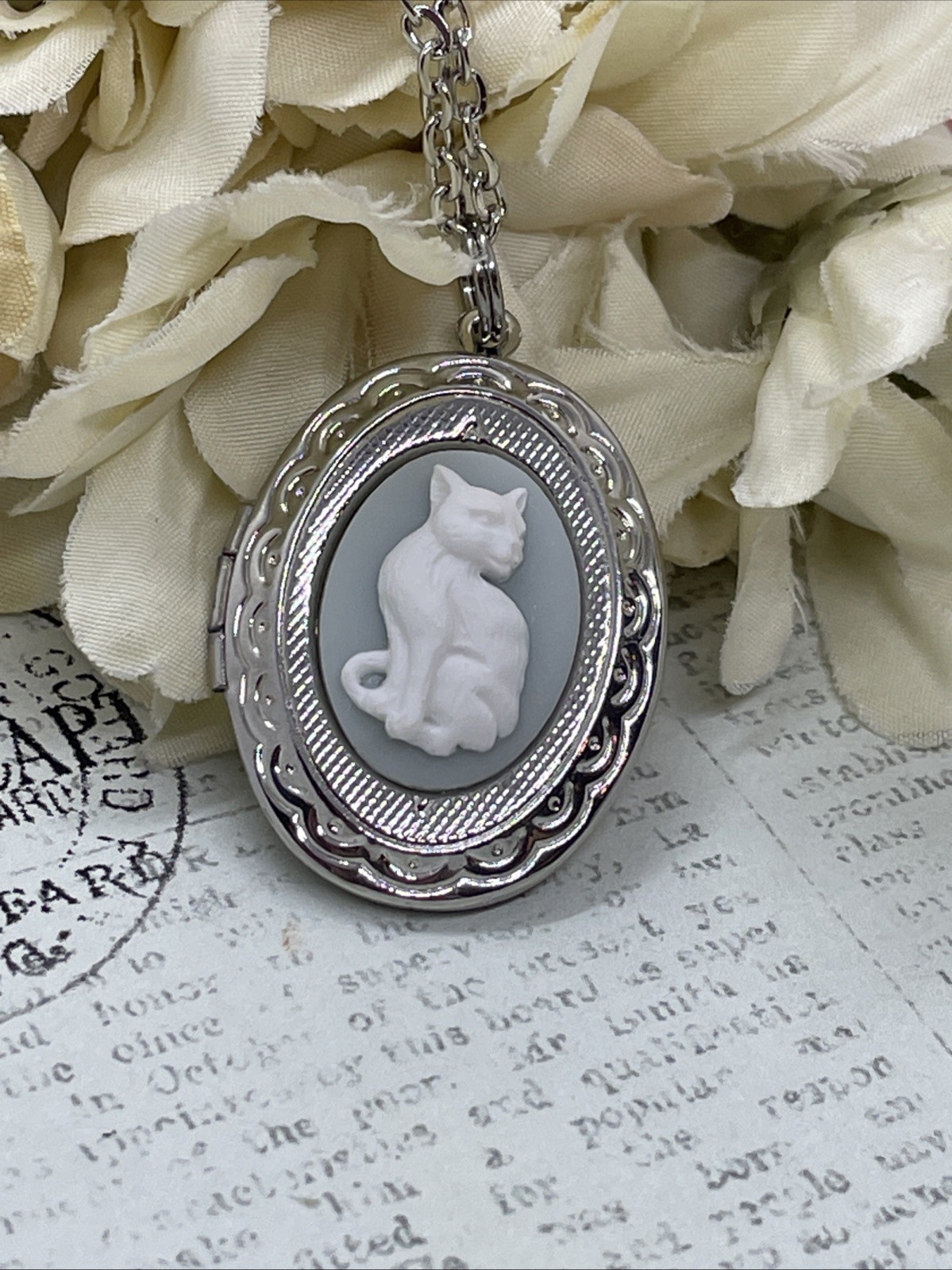 Silver Kitty Cat Kitten Blue Cameo Locket Necklace Pendant Rescue Lover Wedding