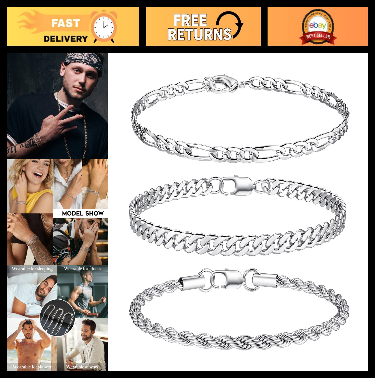 3Pcs Men’s Chain Bracelets, Stainless Steel Figaro Rope Cuban Link, Gold/Silver