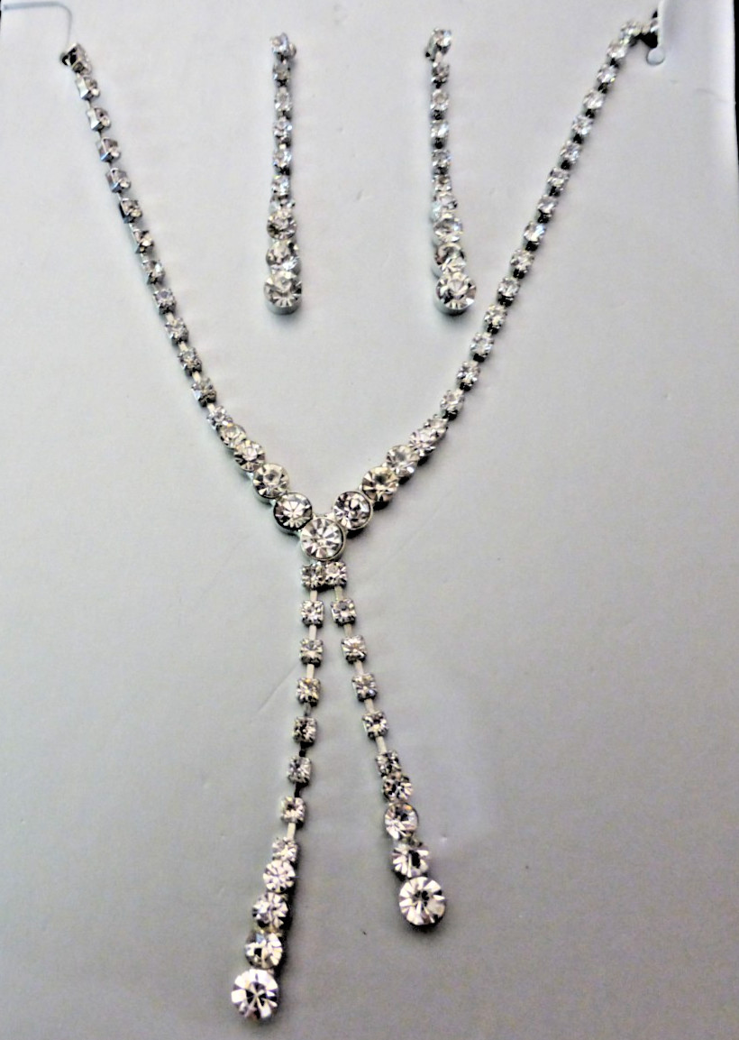Silver Sparkling Rhinestones Drop Earrings + Chain Necklace Set x35 Job Lot !