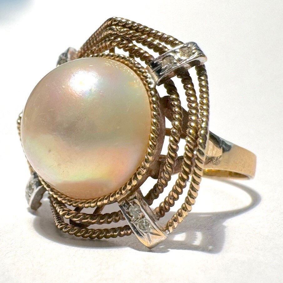 VINTAGE 8 DIAMOND & 12.4MM MABE PEARL 14K GOLD RING