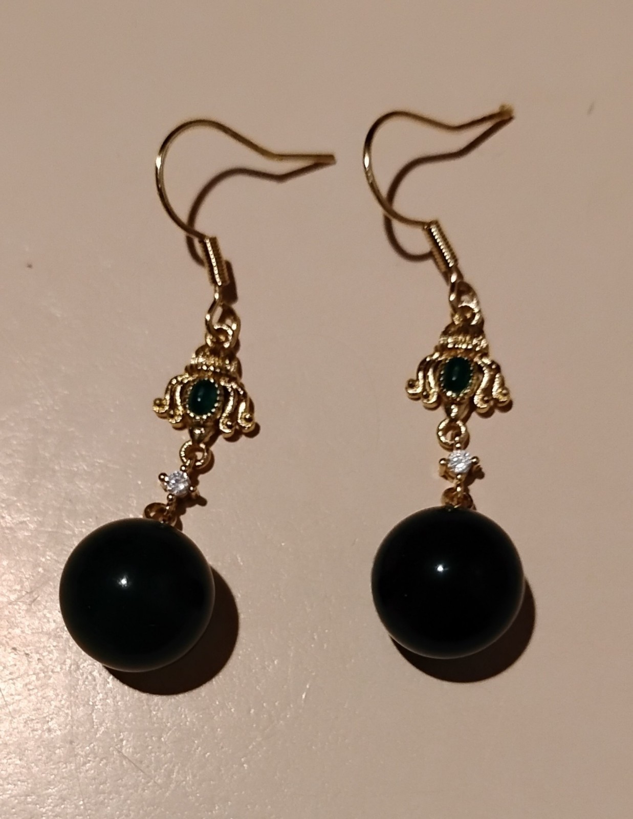 Gold Jade Round Bead Dangle/Drop Hook Earrings , At least 1OK Gold Plated