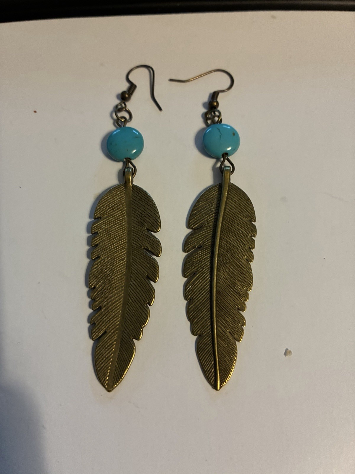 Handmade Turquoise & Gold Feather Drop Earrings