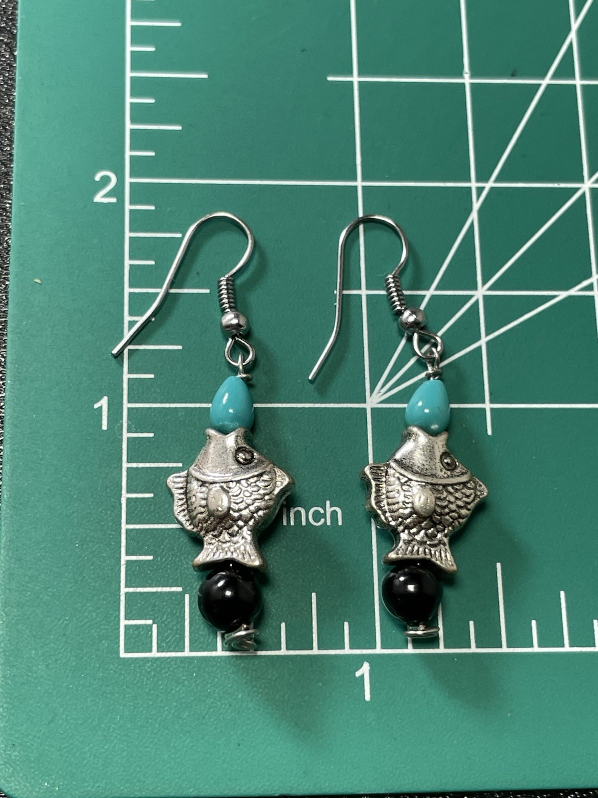 Vintage 1.8” Fish Blue & Black Glass Beaded Dangle Hook Earrings